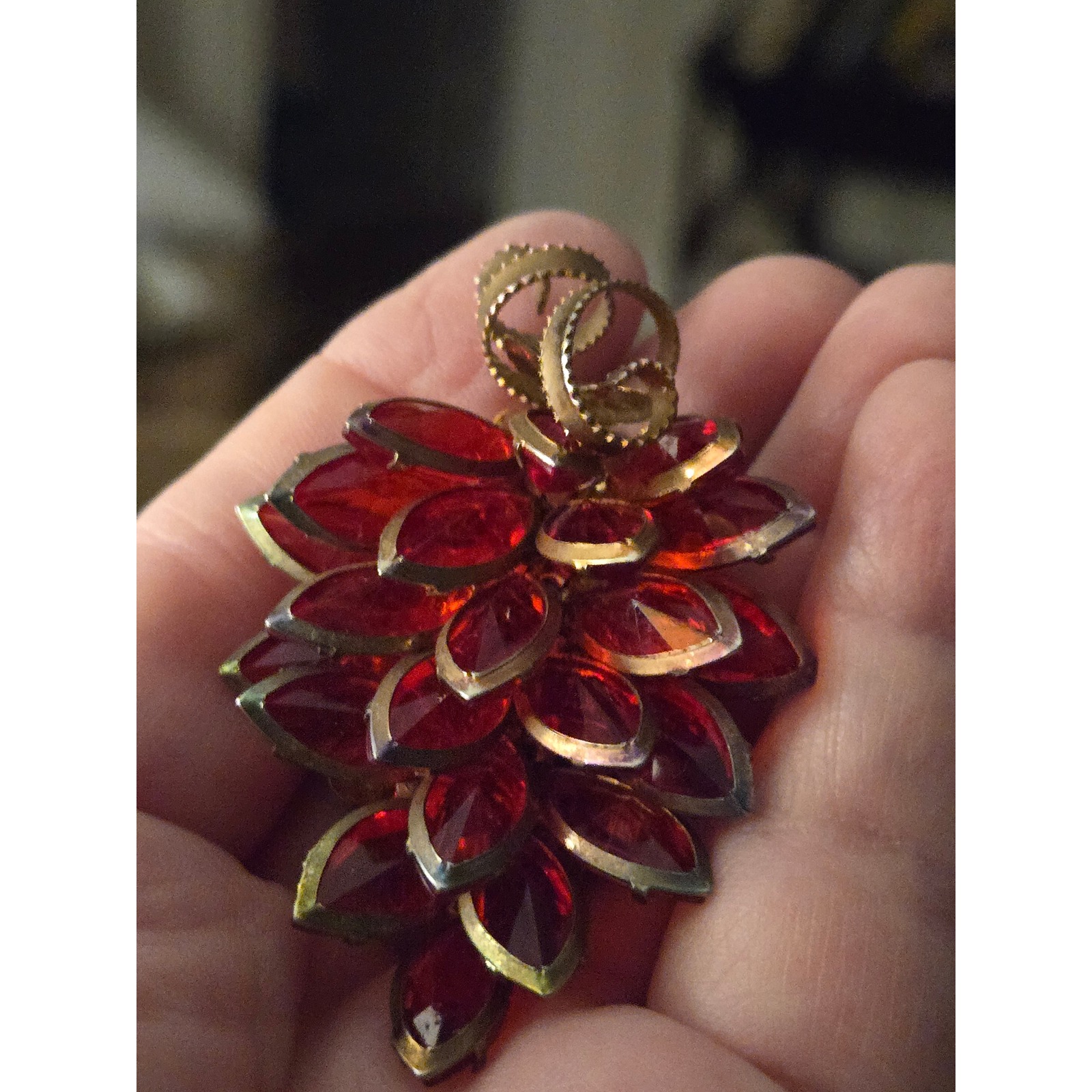 Red Brooch Acrylic Brass Navettes Vintage Pinecone Shaped? 1950s